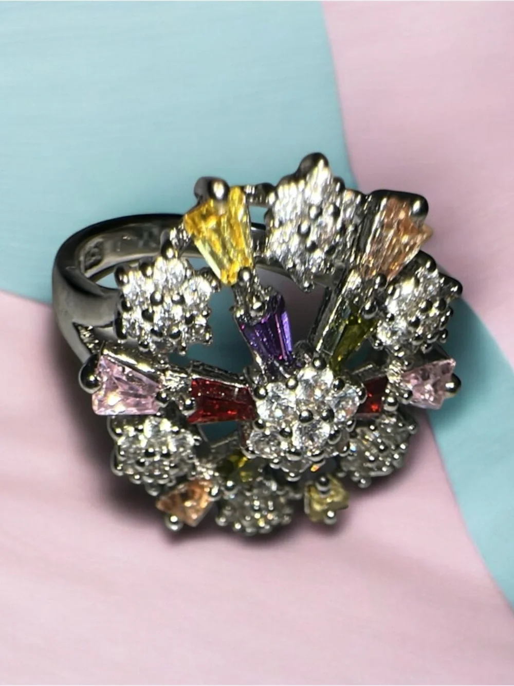 Sterling Silver Multicolor Crystal Floral Statement Ring  (925) stamped